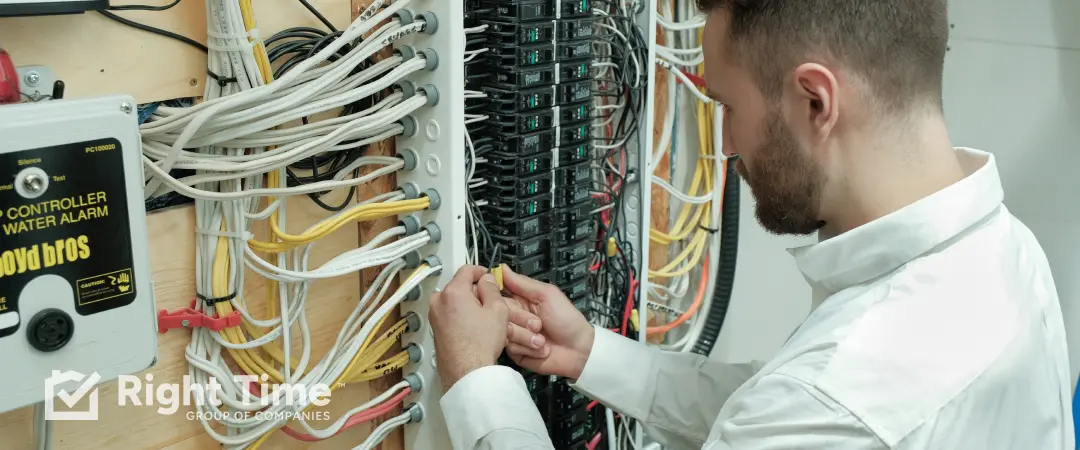 Licensed electrician working on a home’s electrical panel wiring as part of surge protection in Saskatoon.